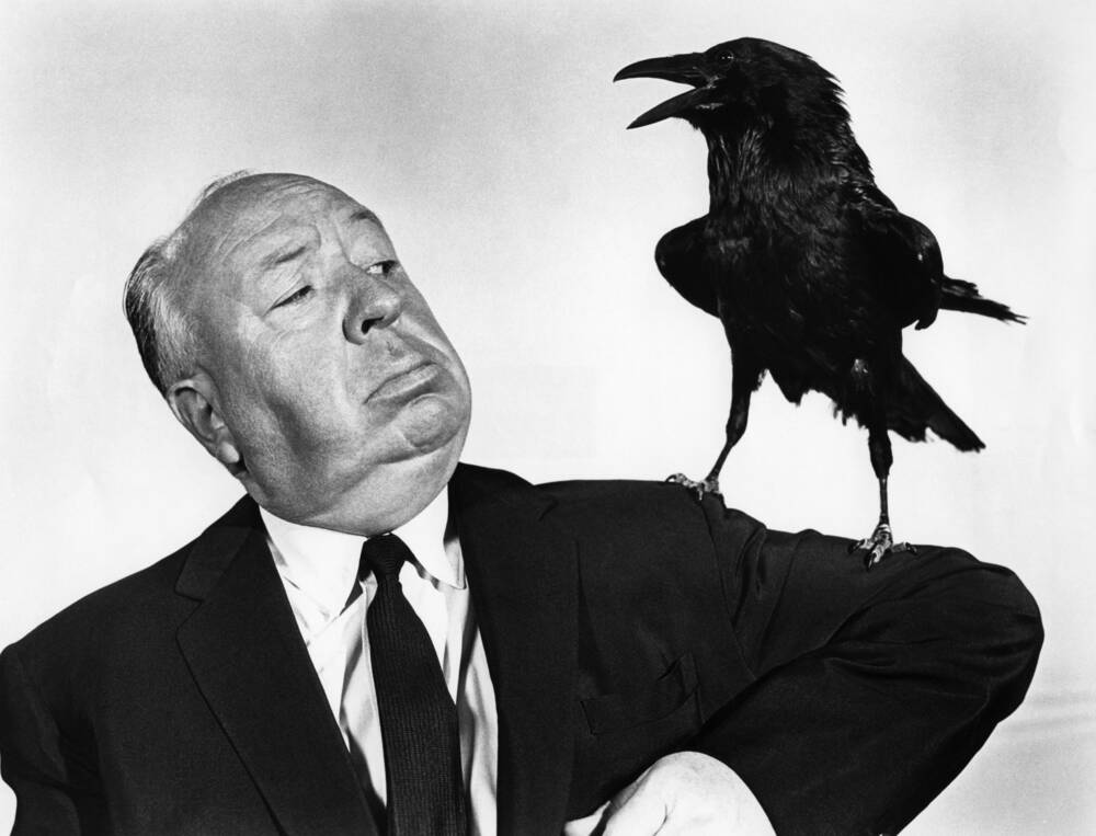 Foto de Hitchcock con un cuervo en el hombro