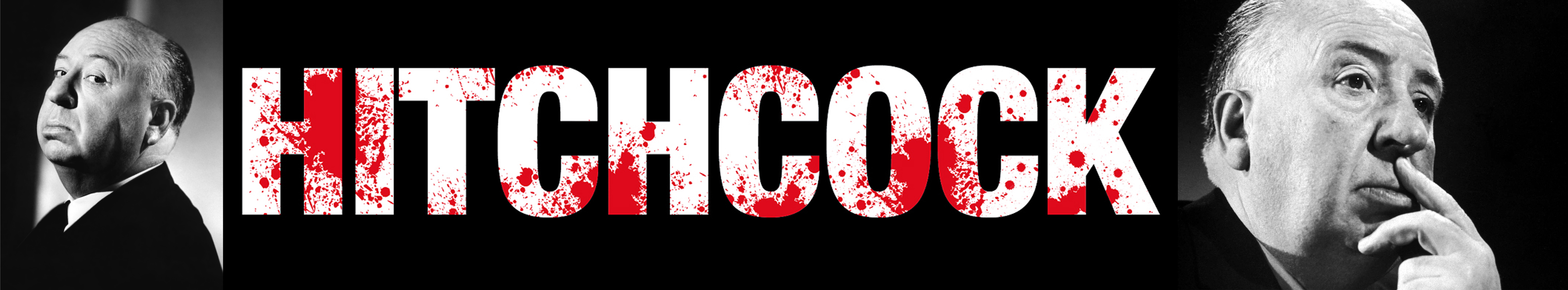 Banner con un par de fotos de Alfred Hitchcock con su apellido escrito con caracteres ensangrentados
