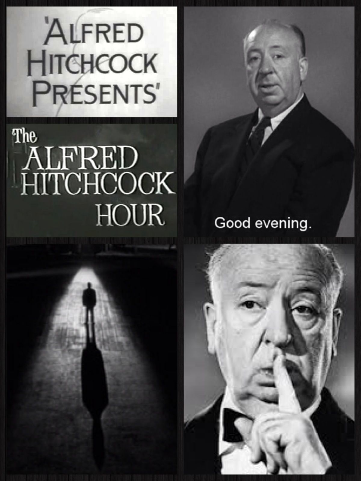 Título de la serie: Alfred Hitchcock Presenta y La hora de Alfred Hitchcock, dos fotos del director y un fotograma del trailer de Falso culpable en el que aparece él, al fondo,  en penumbra y su sombra alargada en el suelo
